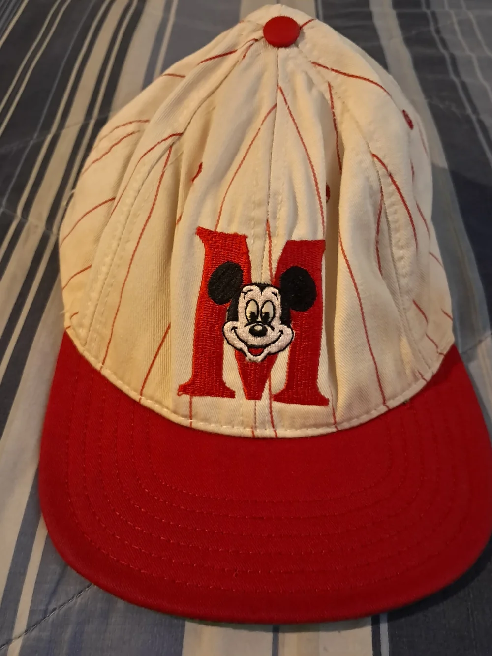 Disney Kids Cream Pinstripe Cap with Red Brim and Mickey M